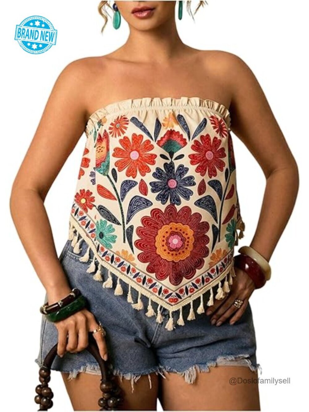 Women's Plus Size Strapless Tube Top with Floral Print and Tassel Trim